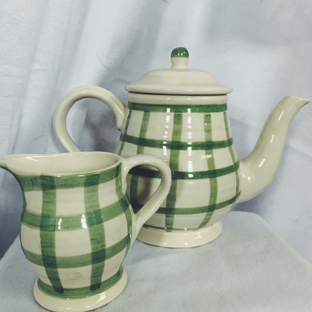 Green and white vintage teapot and creamer dish!
